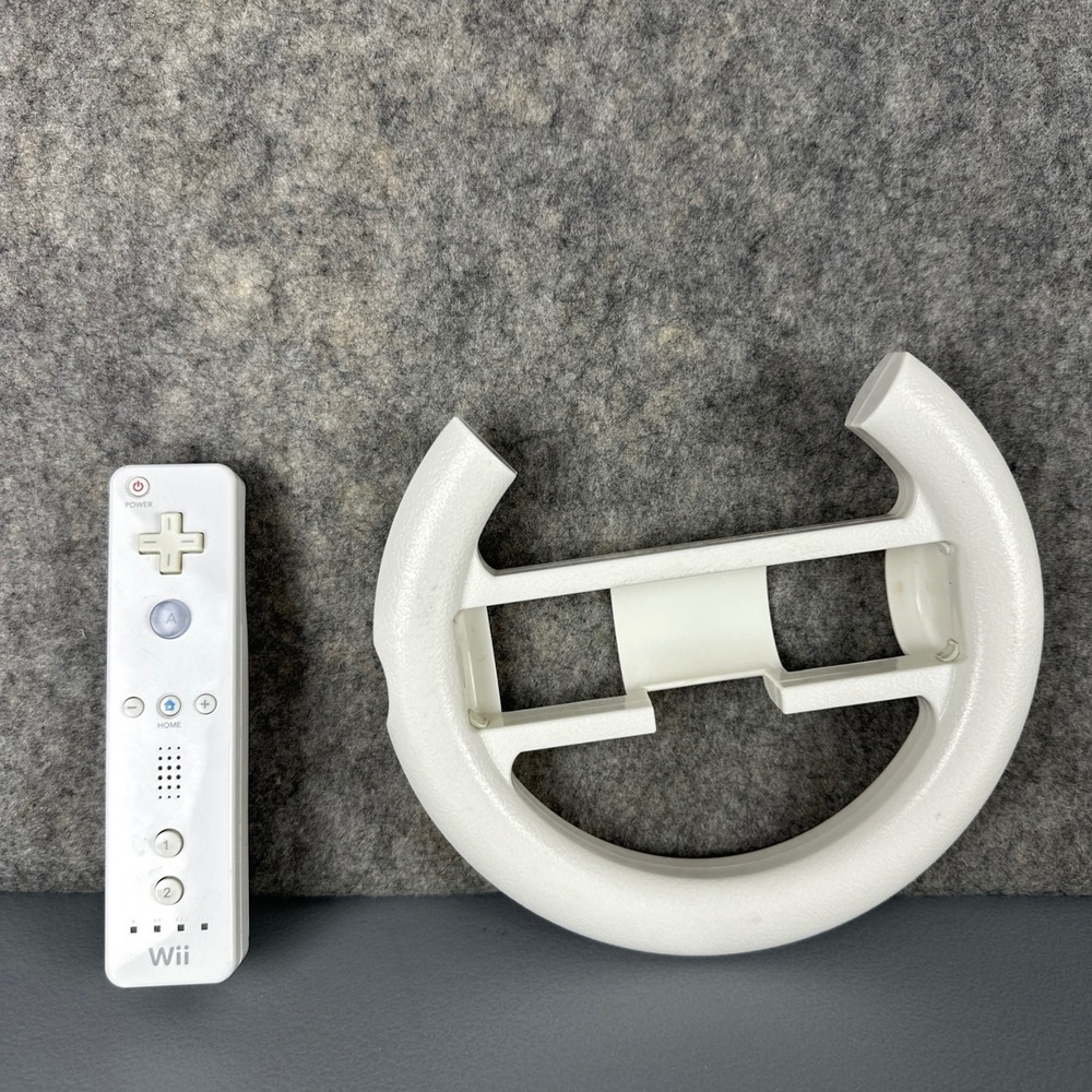 Nintendo Controller White Wii Remote RVL-003 With Racing Wheel Bundle NYKO